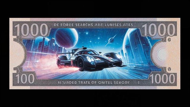 Futuristic racing car on sci-fi banknote