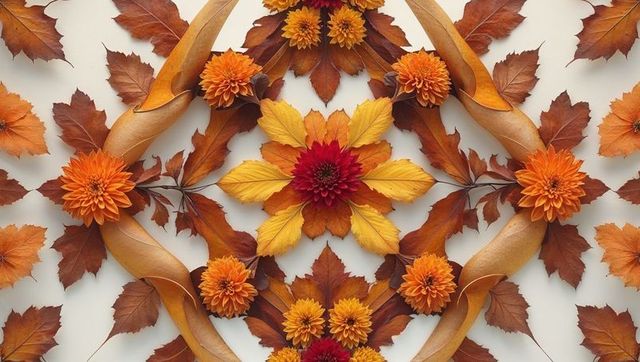 Vibrant autumn mandala with colorful leaves and blooms