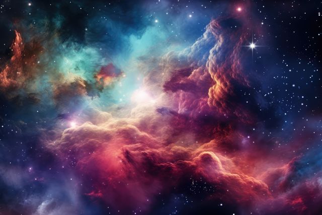 This vibrant image showcases a colorful nebula amidst a backdrop of stars in deep space, capturing the beauty and wonder of the universe. Ideal for use in science fiction artwork, educational materials on astronomy, and background designs for presentations or websites related to space and the cosmos.