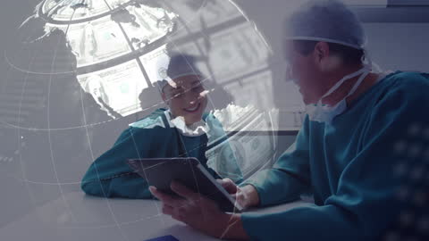 Medical Professionals Analyzing Global Data on Tablet