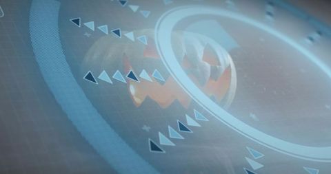 Glowing Orb Pulsing Inside Holographic Ring with Triangular Chevrons Futuristic HUD Neon