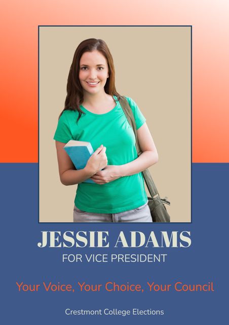 This image features a confident young woman campaigning for college student council elections. She is smiling and holding a book, signifying education and leadership. The slogan reads 'Your Voice, Your Choice, Your Council', emphasizing participation and engagement in the election process. Use this image to promote school or college elections, campaigns for student leadership positions, or educational events on civic engagement and community involvement.