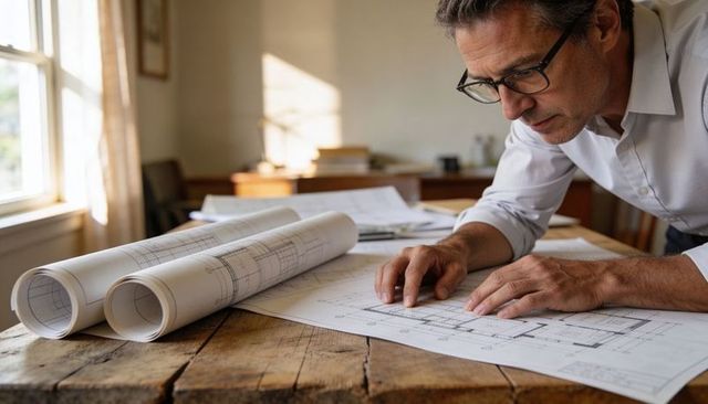 Focused architect reviewing residential blueprints on rustic wooden table in home office