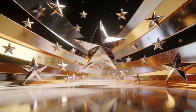 Gleaming metallic star burst with reflective gold and black bands