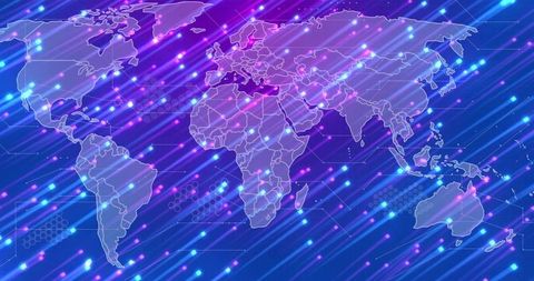 Neon Digital World Map with Glowing Data Streams, Network Grid and Hexagon Tech Pattern
