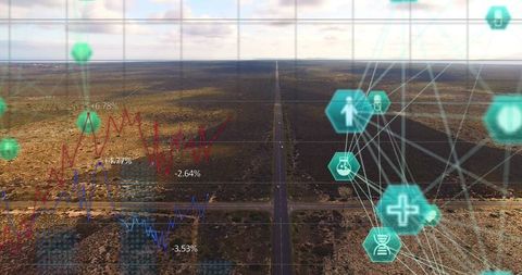 Aerial landscape with data visualization and technological icons