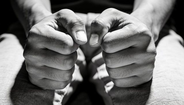 Clenching adult fists close-up in monochrome conveying tension and determination