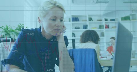Businesswoman Analyzing Data on Laptop with Overlayed Financial Graphs