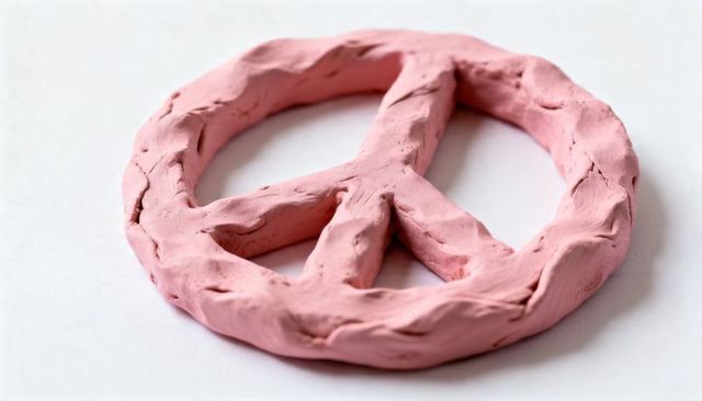 Hand-molding pink clay peace sign resting on white surface