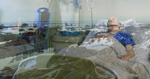 Recovering Patient Resting in Hospital Bed with Ocean Double Exposure for Healing Calm
