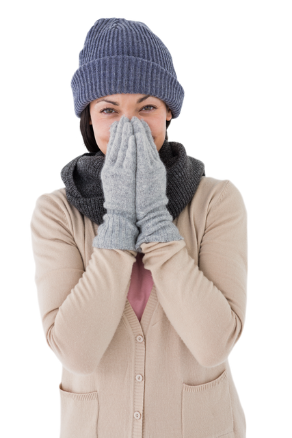 Smiling Woman in Winter Clothes with Hands over Face on Transparent Background - Download Free Stock Videos Pikwizard.com