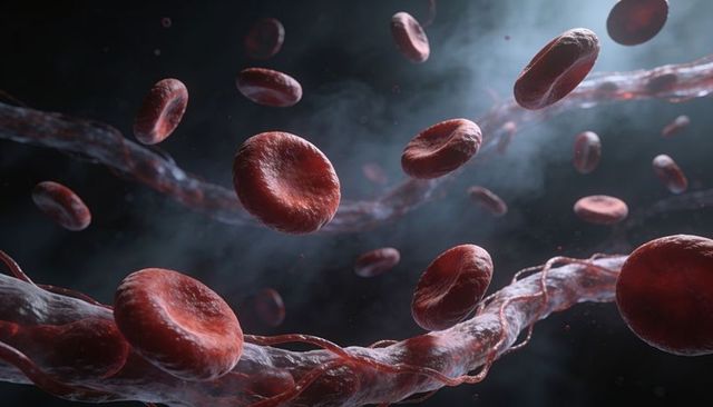 Red blood cells drifting through fibrin strands and plasma haze for hematology