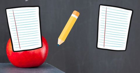 Education Concept with Apple and Stationery Icons on Blackboard