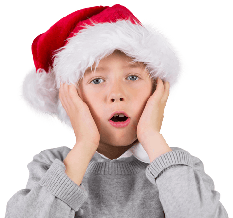 Surprised Boy Wearing Santa Hat on Transparent Background for Holiday Designs