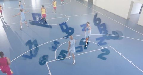 Aerial basketball players moving on court with floating blue numeric tactical overlay
