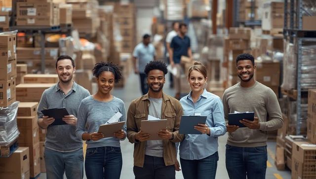 Warehouse Team Collaborating with Clipboards & Tablets for Efficient Operations