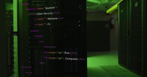 HTML Code Overlay with Green Lit Server Room - Download Free Stock Images Pikwizard.com