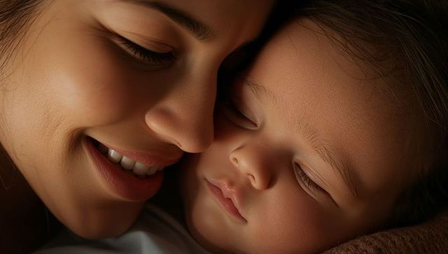Tender mother cuddling sleeping baby closeup, smiling nuzzling for intimate bonding