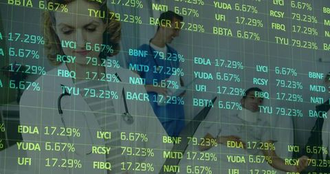 Doctor Analyzing Medical Data on Transparent Digital Board