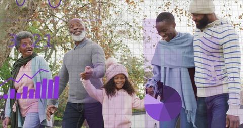 Multigenerational family walking in autumn park with purple data overlays and graphs