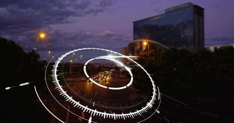 Futuristic HUD Overlay Tracking Highway Light Trails at Dusk in Urban Nightscape
