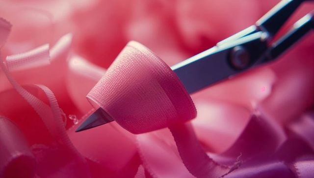 Close-up of scissors cutting pink satin ribbon with glowing edges