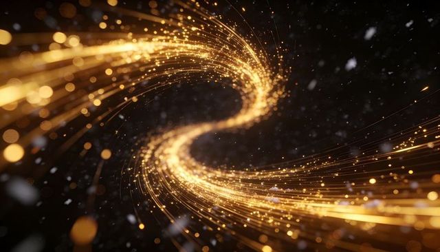 Golden s-shape energy ribbon flowing with sparkling light trails and particles