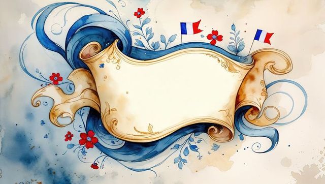 Vintage Scroll Banner with French Flags and Floral Motifs