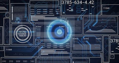Futuristic Dashboard Displaying Glowing HUD with Data Visualization, Circuitry and Analytics