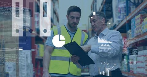 Warehouse Team Analyzing Inventory Insights With Strategic Data Overlays