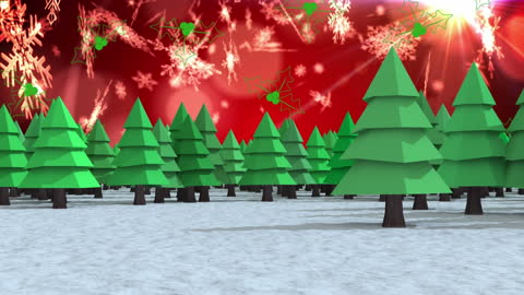 Festive Forest with Snow and Red Illuminated Background