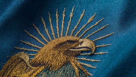 Gold embroidered eagle head with sunburst on teal silk fabric, metallic thread detail