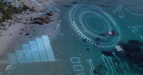 Beachscape with Futuristic Digital Overlay Enhancing Relaxation