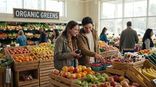 Young couple choosing organic produce and shopping fresh fruit at bright local market