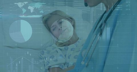 Doctor examining patient in hospital with digital data graphics overlay