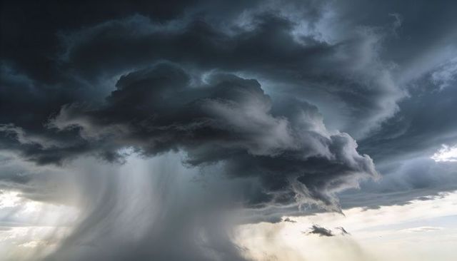 Brooding cumulonimbus unleashing dramatic rain shaft with sunbeams over distant horizon