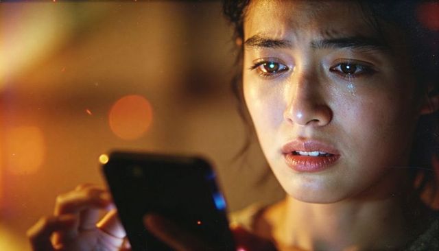 Young woman staring at smartphone with tears rolling, late-night emotional text reaction