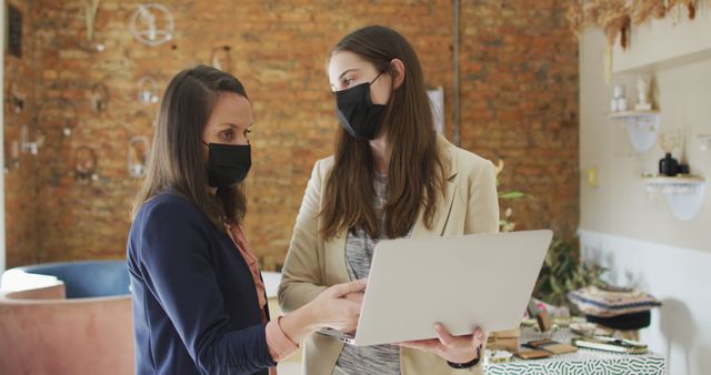 Businesswomen Wearing Masks Discussing Strategy on Laptop - Download Free Stock Images Pikwizard.com