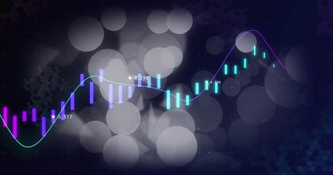 Neon candlestick market chart with glowing trend lines, bokeh lights and data labels