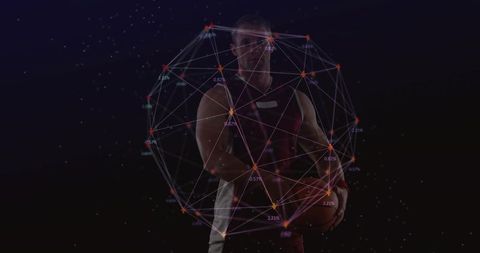 Futuristic basketball player holding ball inside glowing mesh orb with network nodes