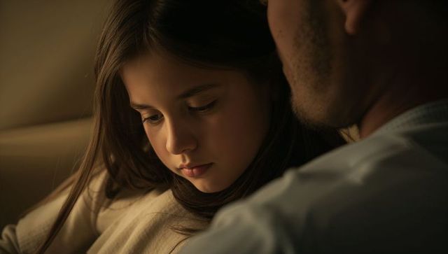 Father holding daughter close on couch at night, warm lamp light intimacy