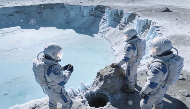 Astronaut team exploring frozen crater rim on icy exoplanet, futuristic polar expedition