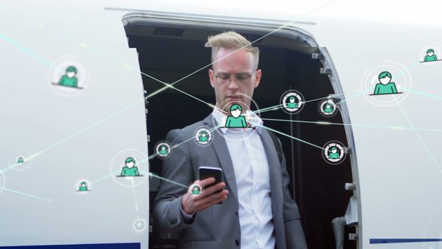 Businessman is walking out of a plane while using smartphone displaying network connections animation. This can be used to represent themes like global connectivity, business travel, modern communication, technological advancements, and the importance of staying connected while on the go. Ideal for presentations and campaigns related to travel technology, business mobility, and professional networking.