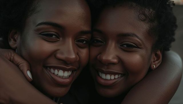 Smiling women hugging closeup, warm friendship portrait featuring stud earring and white nails