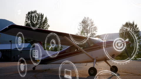 Small Airplane with Digital Media Icons and Global Connectivity Theme