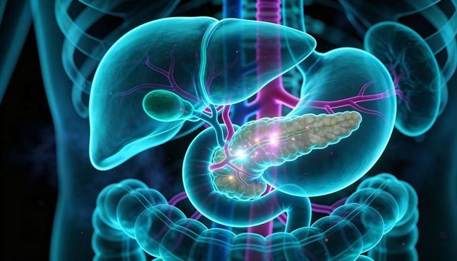 3D glowing pancreas highlighting biliary anatomy within translucent abdominal organs