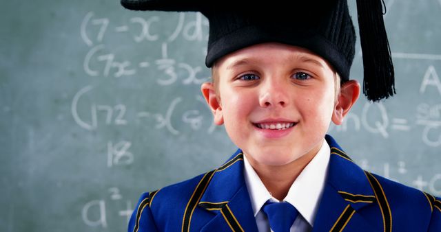 A young Caucasian boy dressed in a formal academic gown and cap stands in front of a chalkboard filled with mathematical equations, with copy space. His attire suggests a graduation ceremony or an academic achievement celebration.