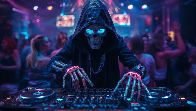 Futuristic DJ with Skull Mask Energizing Nightclub Party