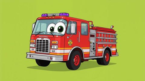 Cartoon Red Fire Truck with Playful Expression on Lime Green