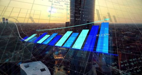 Futuristic urban finance concept with 3d chart overlay at dusk